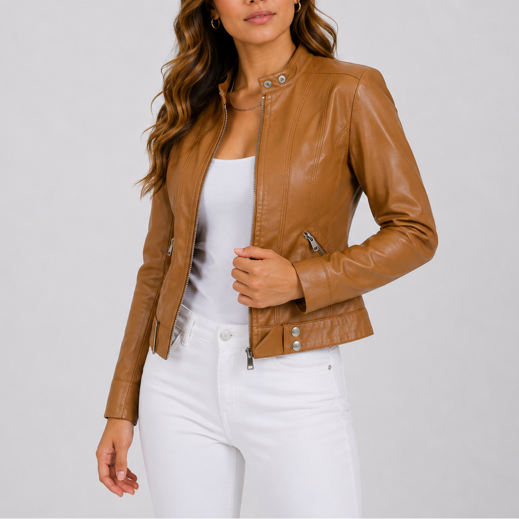 Damen Lederjacke braun figurbetont mit Reißverschluss - 5 - Atelier-Zofia