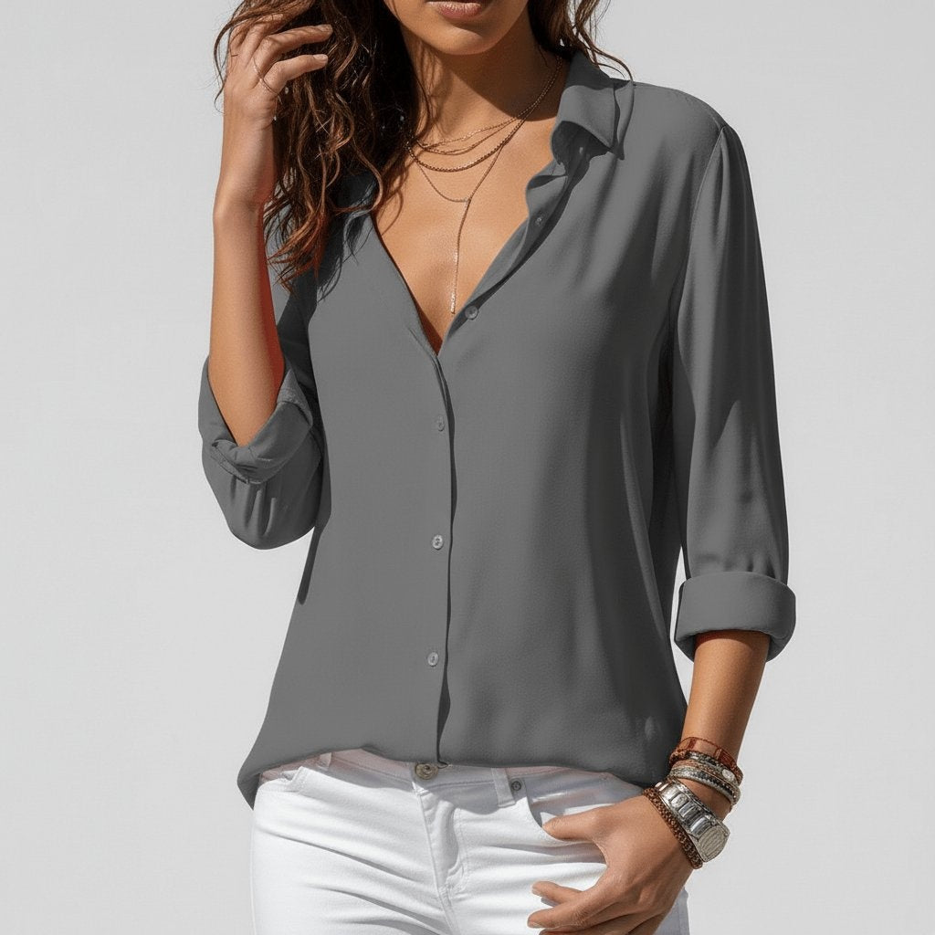 Bluse Damen grau tailliert mit V-Ausschnitt und langen Ärmeln - 1 - Atelier-Zofia