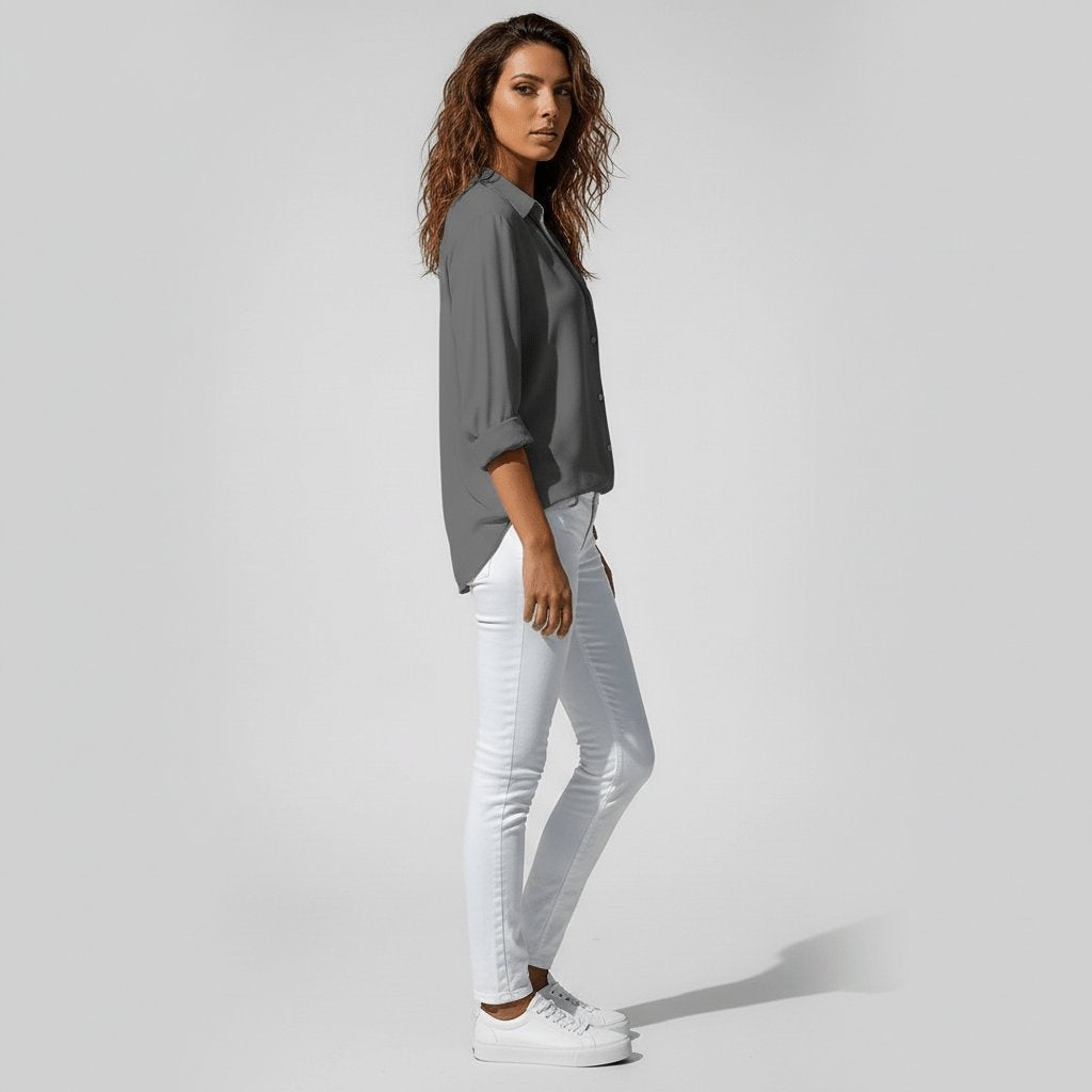 Bluse Damen grau tailliert mit V-Ausschnitt und langen Ärmeln - 3 - Atelier-Zofia