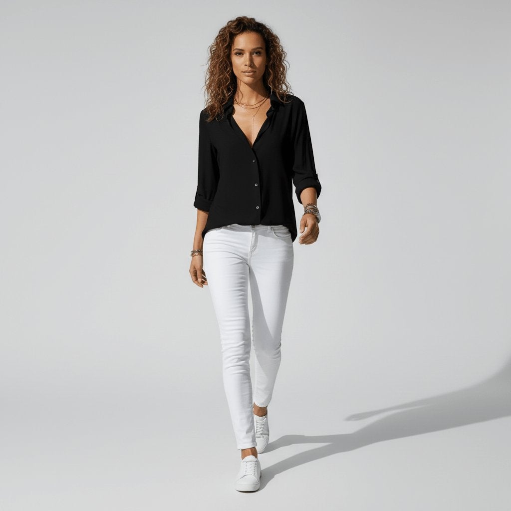 Bluse Damen grau tailliert mit V-Ausschnitt und langen Ärmeln - 5 - Atelier-Zofia
