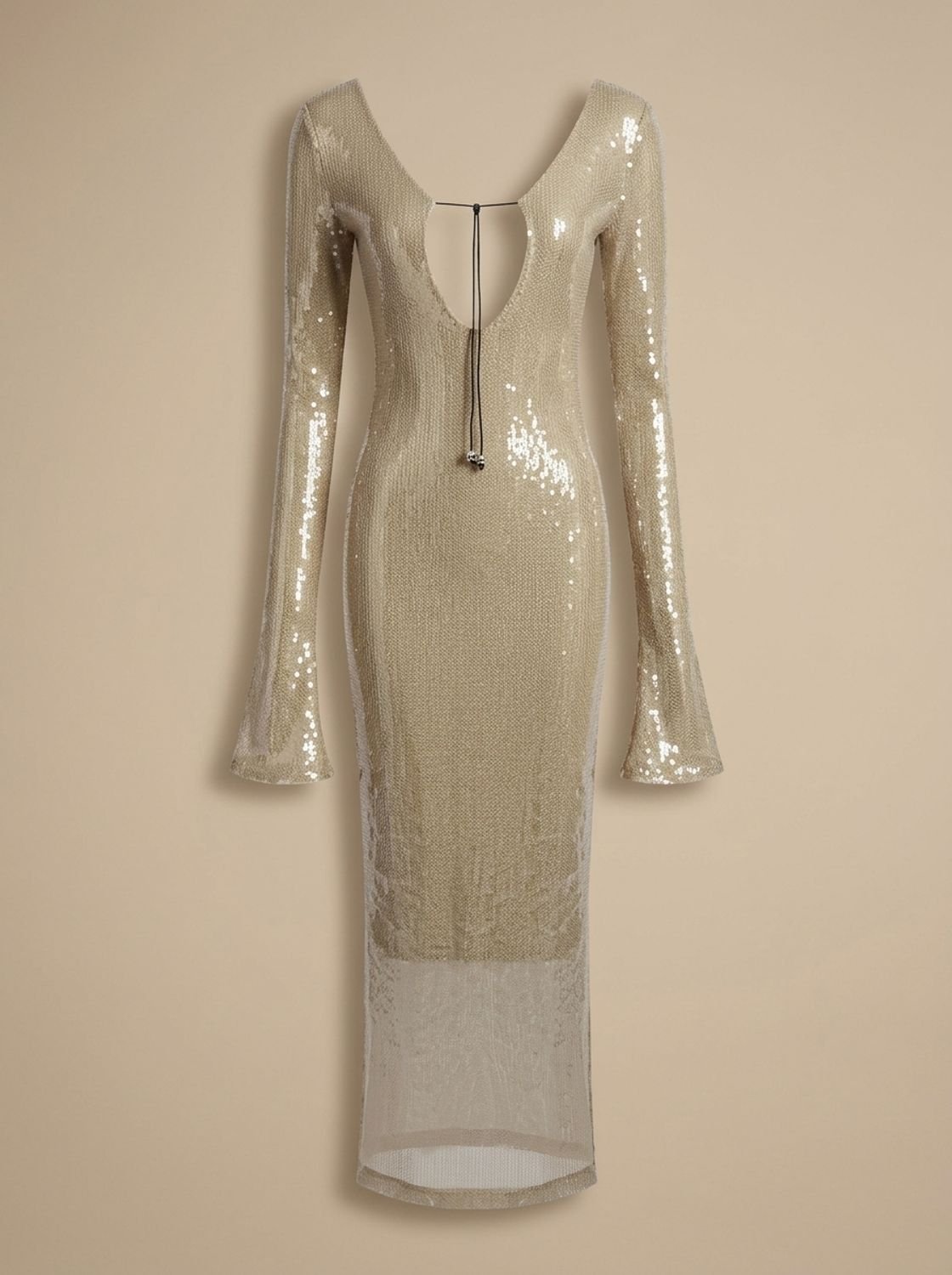 Kleid Damen beige figurbetont mit V-Ausschnitt und langen Ärmeln - 12 - Atelier-Zofia