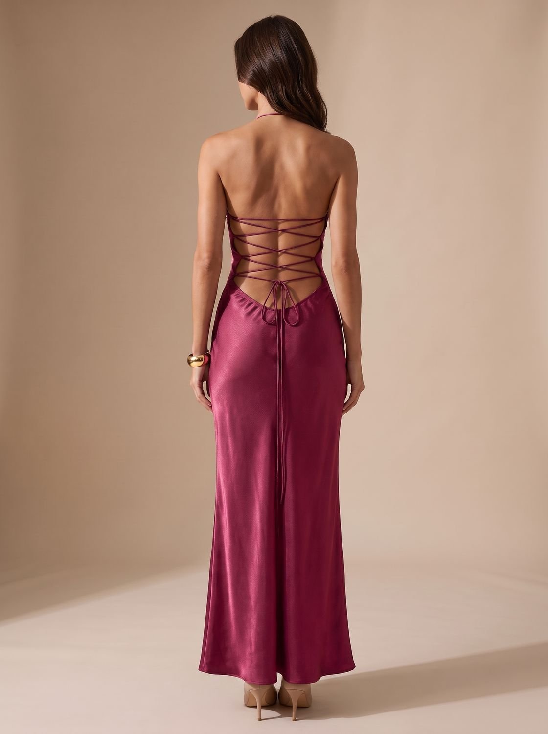 Maxikleid Damen rot figurbetont mit V-Ausschnitt und Schnürung - 3 - Atelier-Zofia