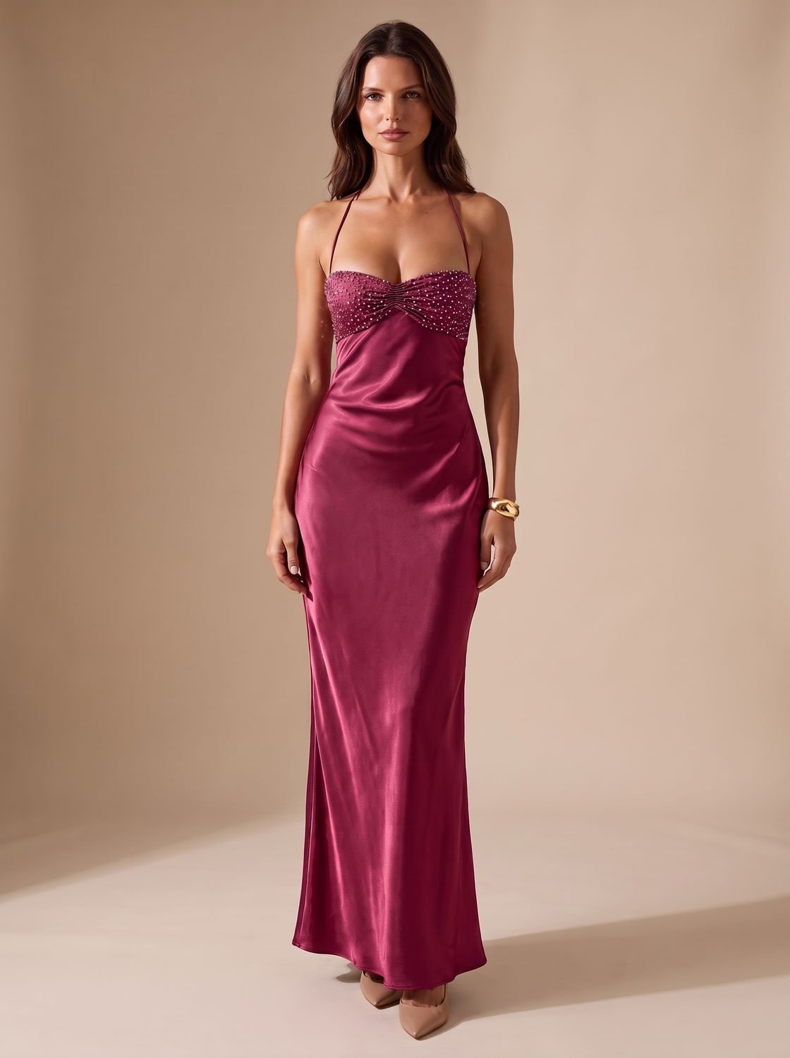 Maxikleid Damen rot figurbetont mit V-Ausschnitt und Schnürung - 4 - Atelier-Zofia