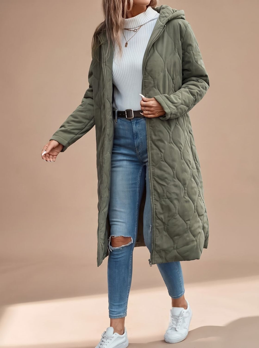 Wintermantel Damen grün lang mit Kapuze und Reißverschluss - 1 - Atelier-Zofia