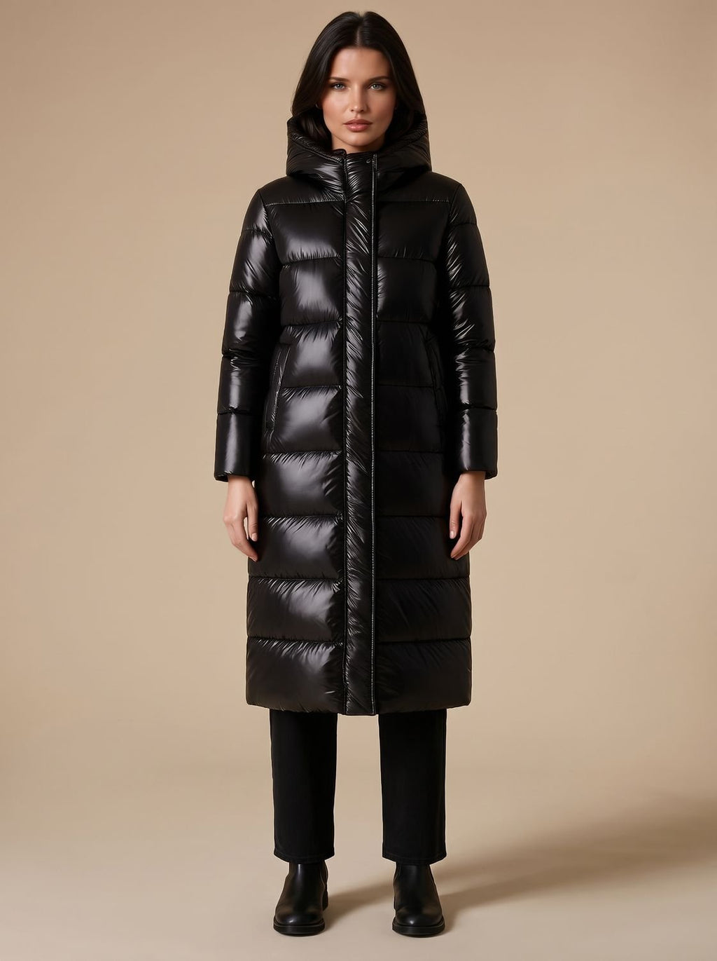 Steppmantel Damen schwarz langärmlig mit Kapuze - 1 - Atelier-Zofia