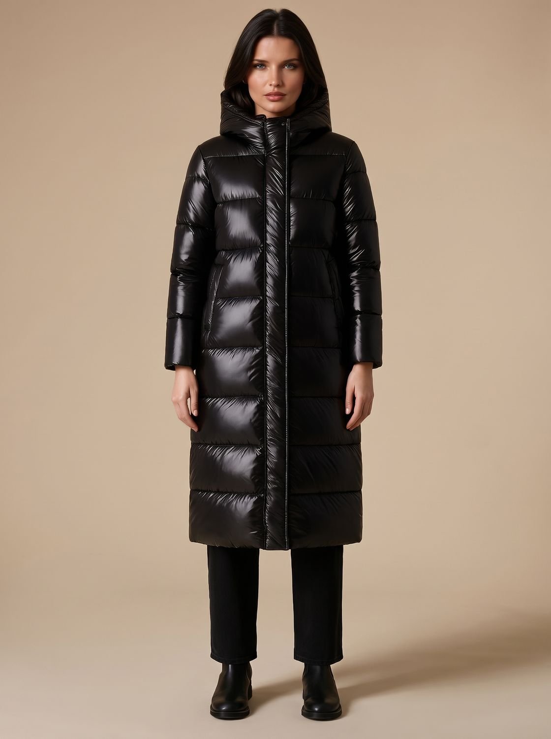 Steppmantel Damen schwarz langärmlig mit Kapuze - 1 - Atelier-Zofia