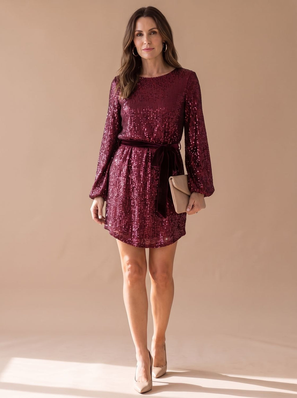 Kleid Damen rot figurbetont mit langen Ärmeln und Gürtel - 3 - Atelier-Zofia