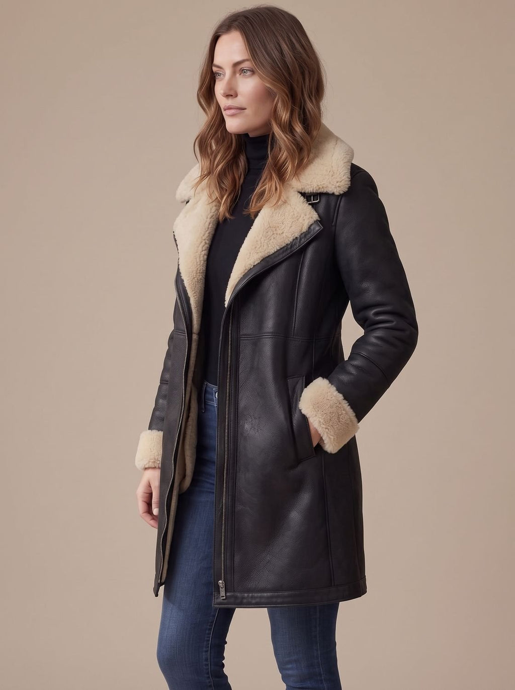 Women's Coat with Asymmetrical Zip and Shearling Collar - 5 - Modern britwear