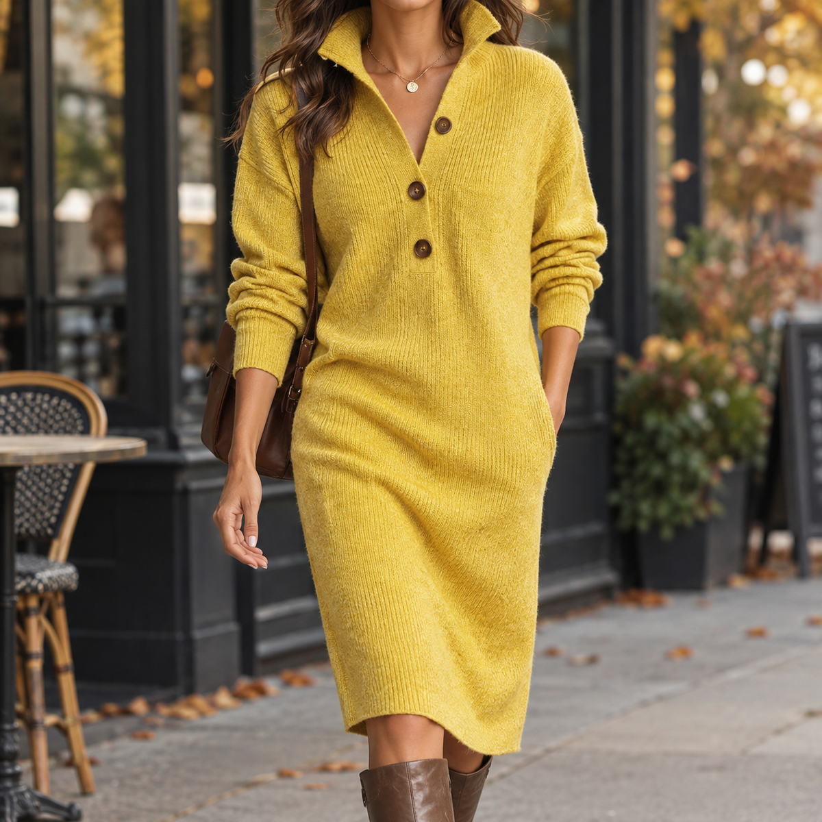 Kleid Damen gelb figurbetont mit Knopfleiste und langen Ärmeln - 1 - Atelier-Zofia