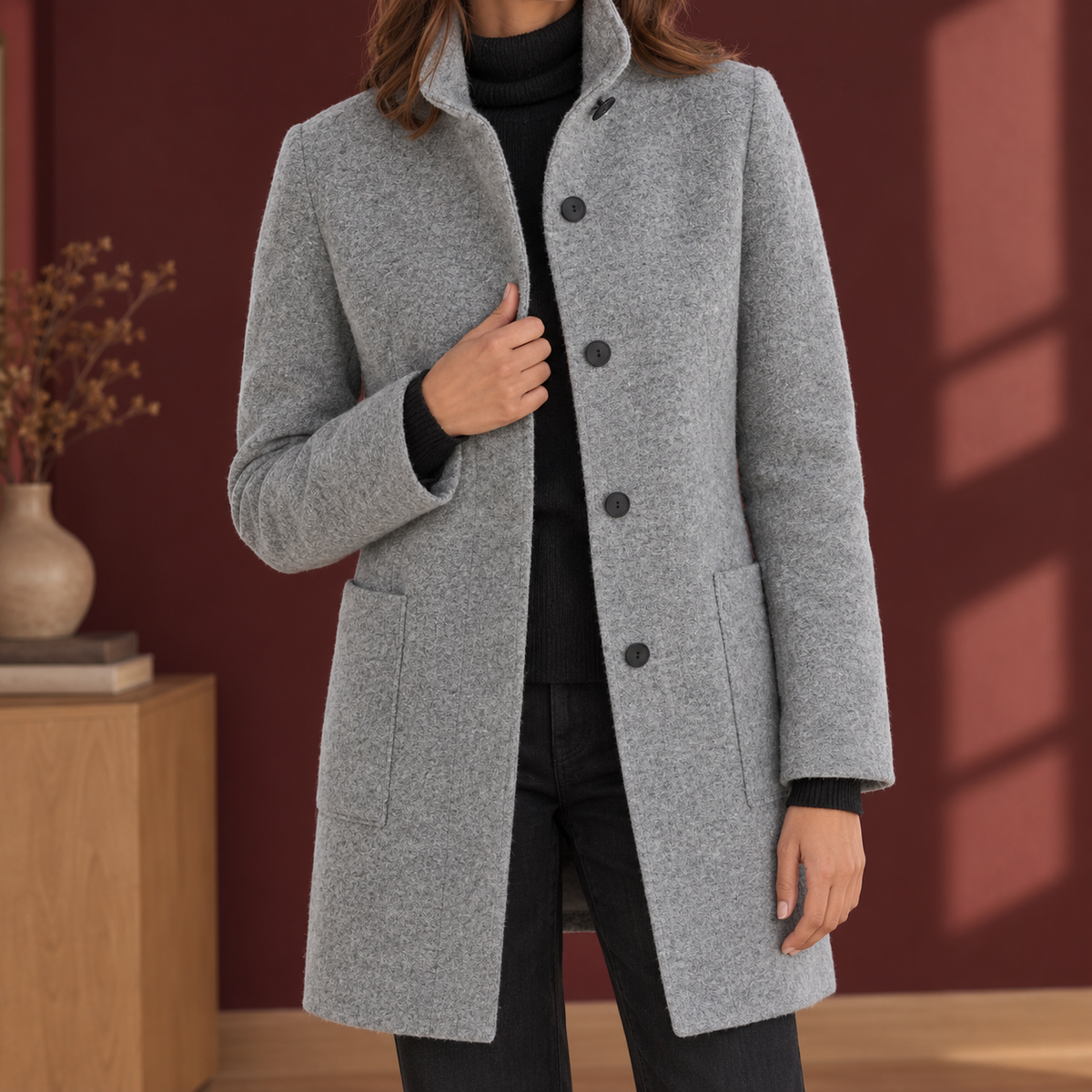Mantel Damen grau gerade mit Knopfleiste und Taschen - 1 - Atelier-Zofia