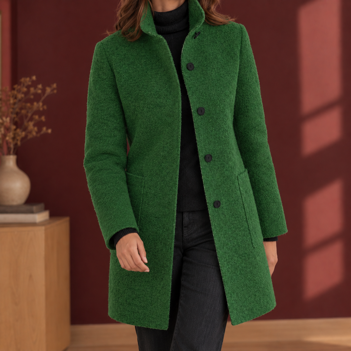 Mantel Damen grau gerade mit Knopfleiste und Taschen - 5 - Atelier-Zofia