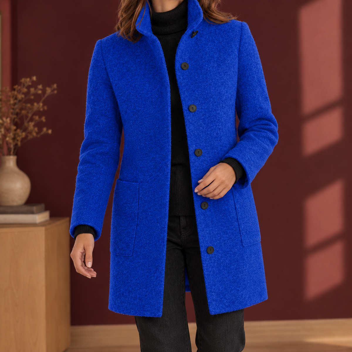 Mantel Damen grau gerade mit Knopfleiste und Taschen - 7 - Atelier-Zofia