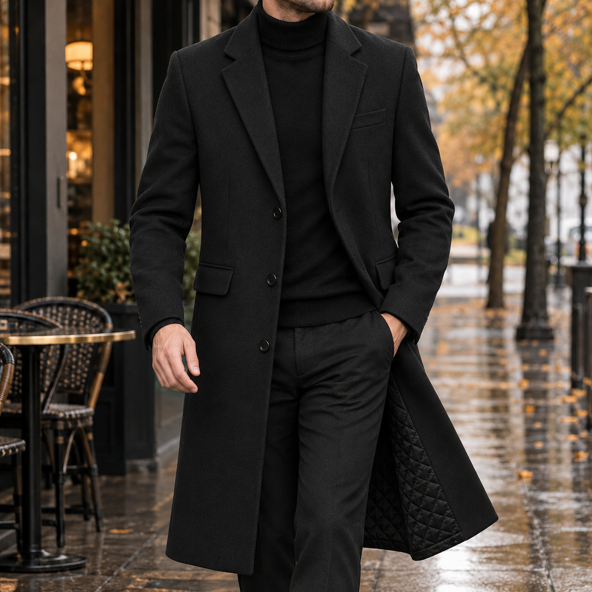 Mantel Herren schwarz schmal geschnitten mit klassischem Revers - 1 - Atelier-Zofia