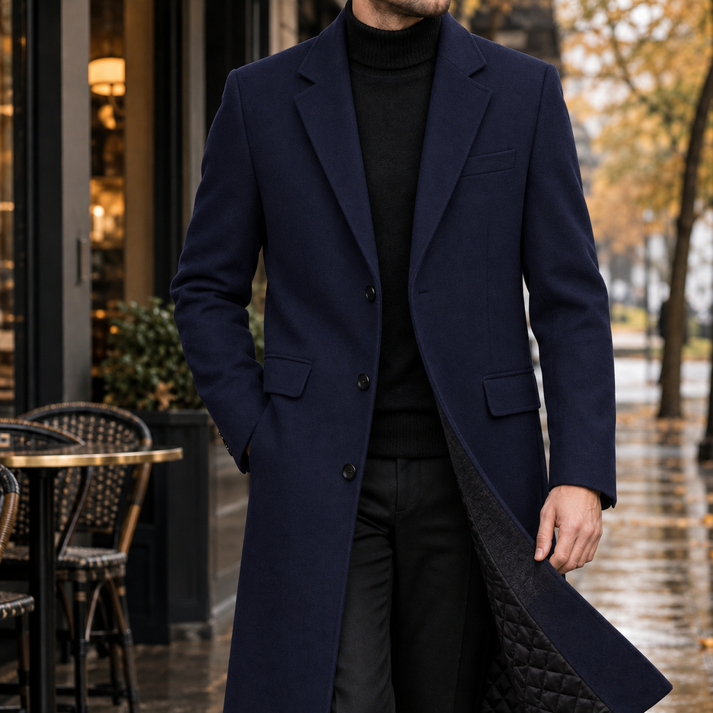 Mantel Herren schwarz schmal geschnitten mit klassischem Revers - 2 - Atelier-Zofia