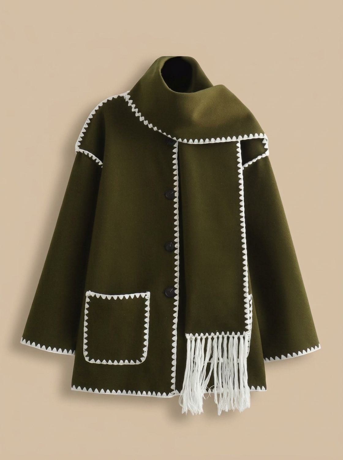 Jacke Damen beige weit mit Fransen und Knopfleiste - 1 - Atelier-Zofia