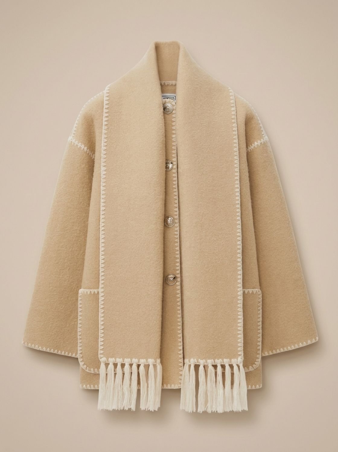 Jacke Damen beige weit mit Fransen und Knopfleiste - 3 - Atelier-Zofia