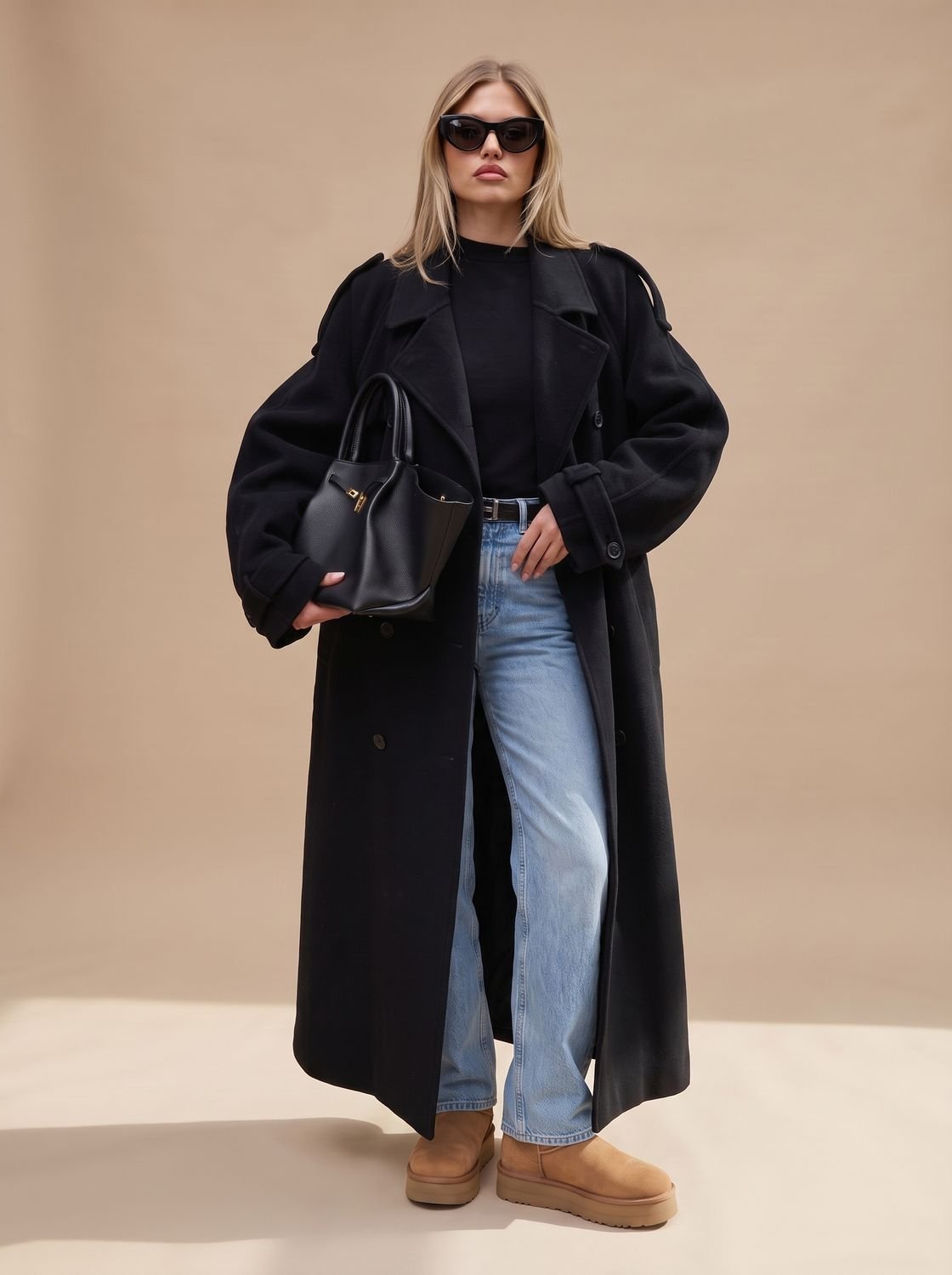 Trench Coat Damen schwarz mit Gürtel und lockerer Passform - 6 - Atelier-Zofia