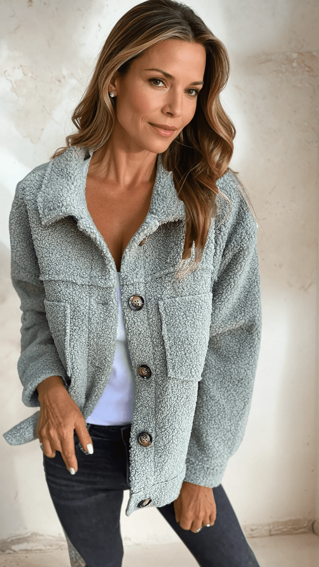 Damenjacke grau lässig mit Knopfleiste und Taschen - 3 - Atelier-Zofia