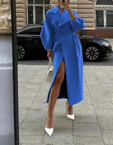 Mantel Damen blau tailliert mit langen Ärmeln und Schlitz - 3 - Atelier-Zofia