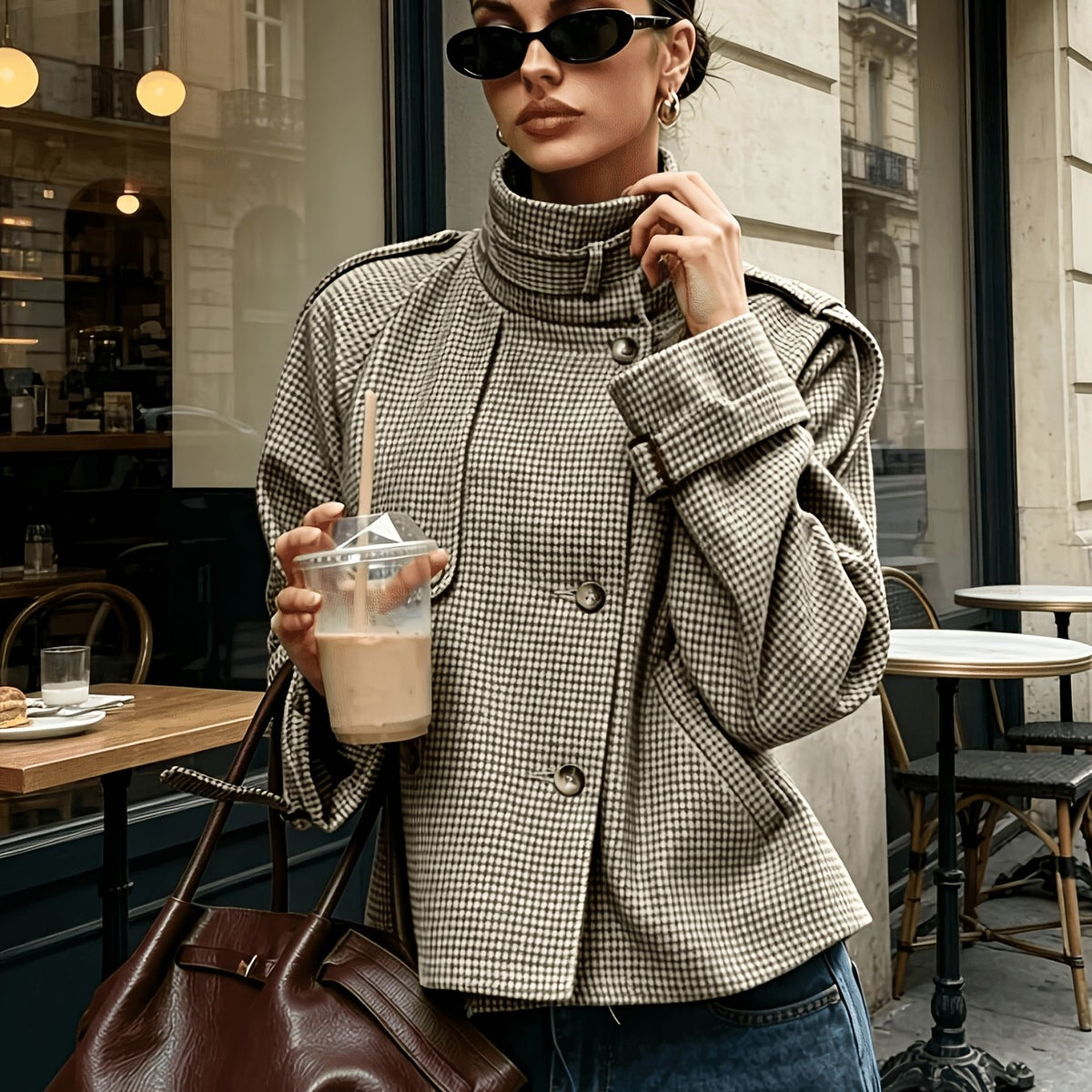Jacke Damen beige tailliert mit hohem Kragen und Karomuster - 1 - Atelier-Zofia