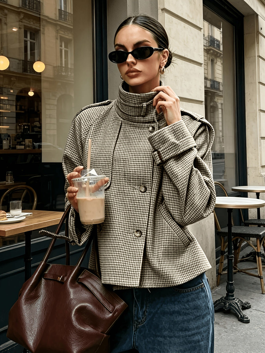 Jacke Damen beige tailliert mit hohem Kragen und Karomuster - 2 - Atelier-Zofia