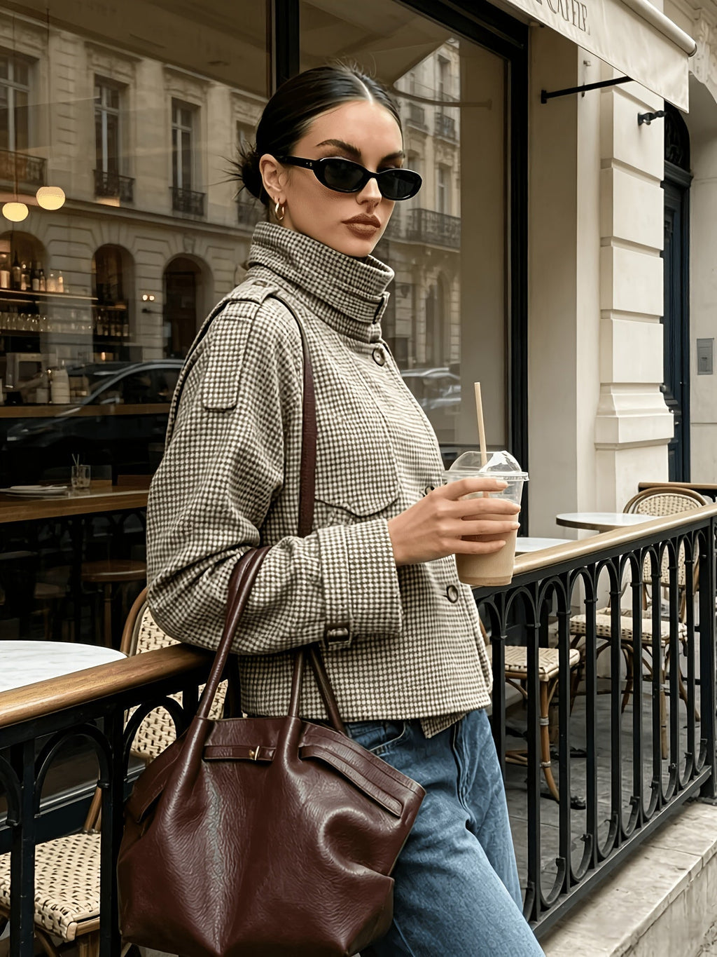 Jacke Damen beige tailliert mit hohem Kragen und Karomuster - 3 - Atelier-Zofia