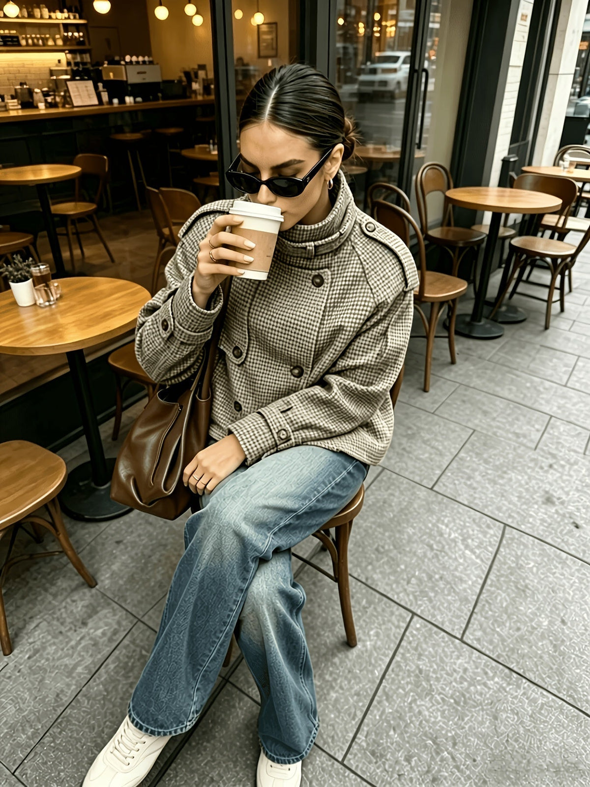Jacke Damen beige tailliert mit hohem Kragen und Karomuster - 6 - Atelier-Zofia
