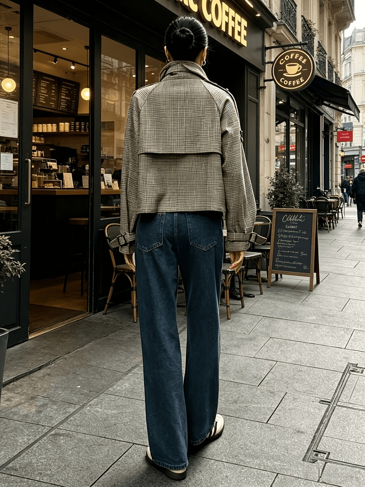 Jacke Damen beige tailliert mit hohem Kragen und Karomuster - 7 - Atelier-Zofia