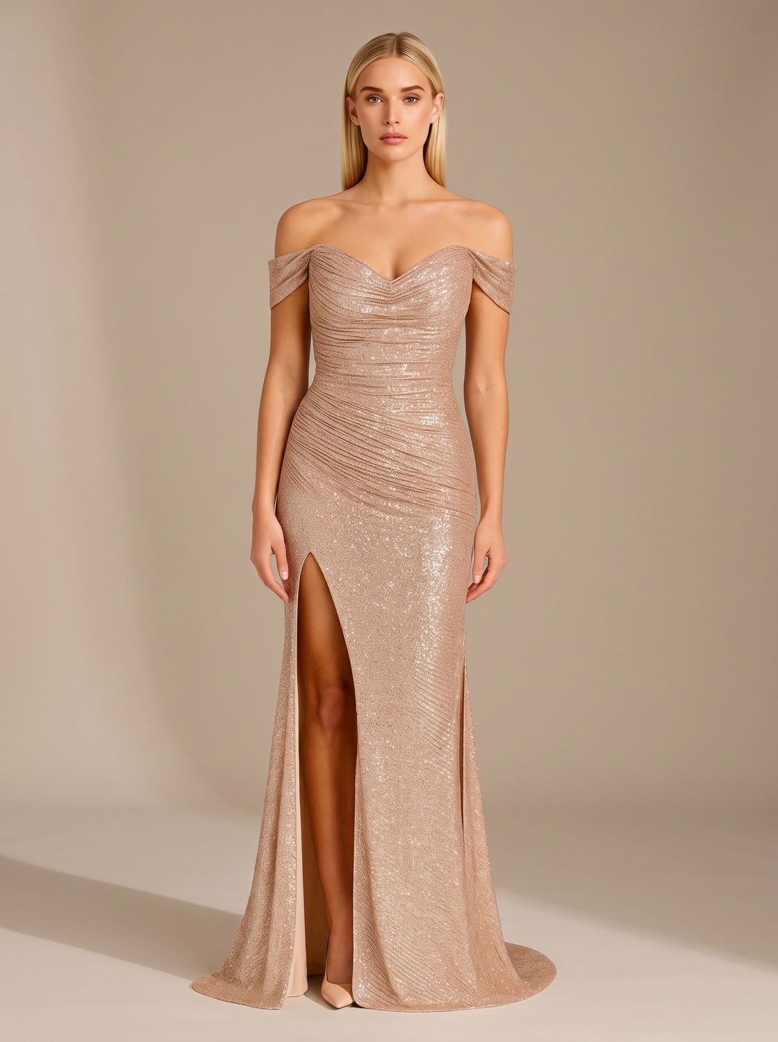 Abendkleid Damen rosa figurbetont mit V-Ausschnitt und hohem Schlitz - 1 - Atelier-Zofia