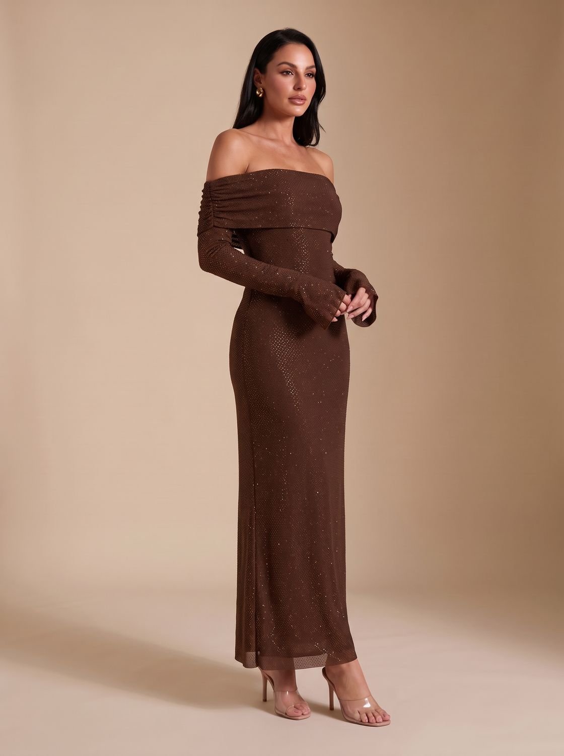 Maxikleid Damen braun figurbetont mit schulterfreiem Schnitt - 3 - Atelier-Zofia