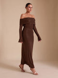 Maxikleid Damen braun figurbetont mit schulterfreiem Schnitt - 8 - Atelier-Zofia