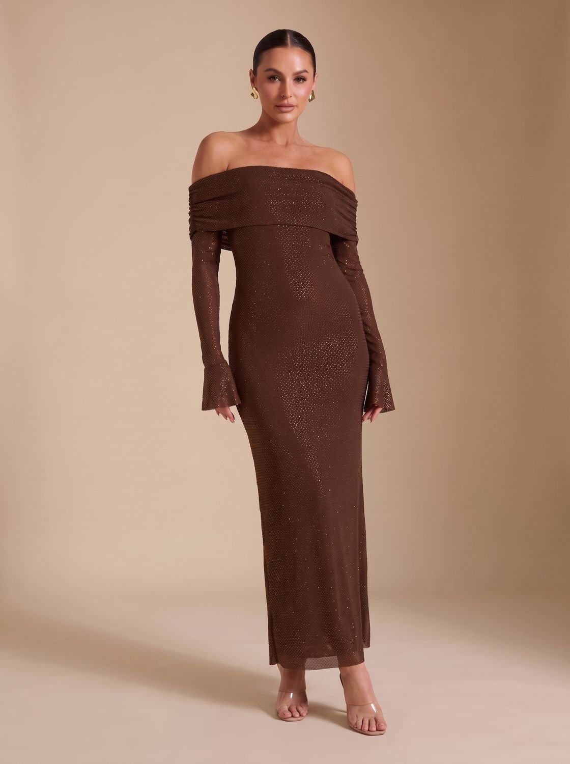 Maxikleid Damen braun figurbetont mit schulterfreiem Schnitt - 9 - Atelier-Zofia