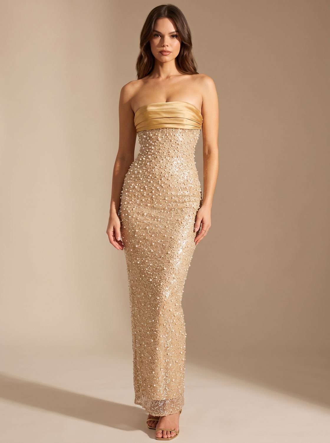 Abendkleid Damen gold figurbetont mit schulterfreiem Design - 1 - Atelier-Zofia