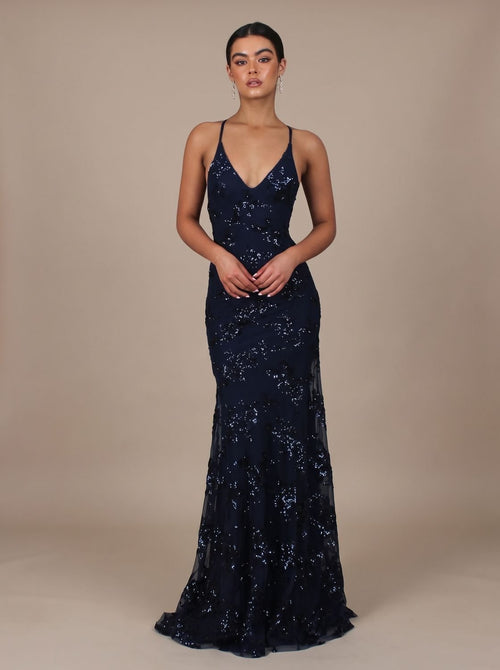Abendkleid Damen dunkelblau figurbetont mit V-Ausschnitt und Spaghettiträgern - 1 - Atelier-Zofia