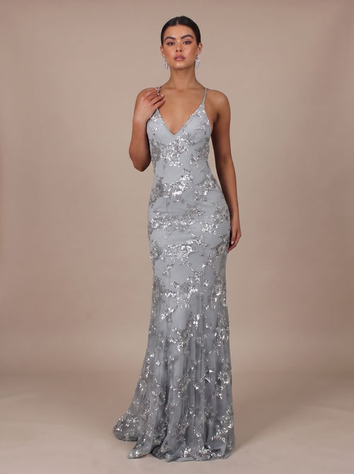 Abendkleid Damen dunkelblau figurbetont mit V-Ausschnitt und Spaghettiträgern - 2 - Atelier-Zofia