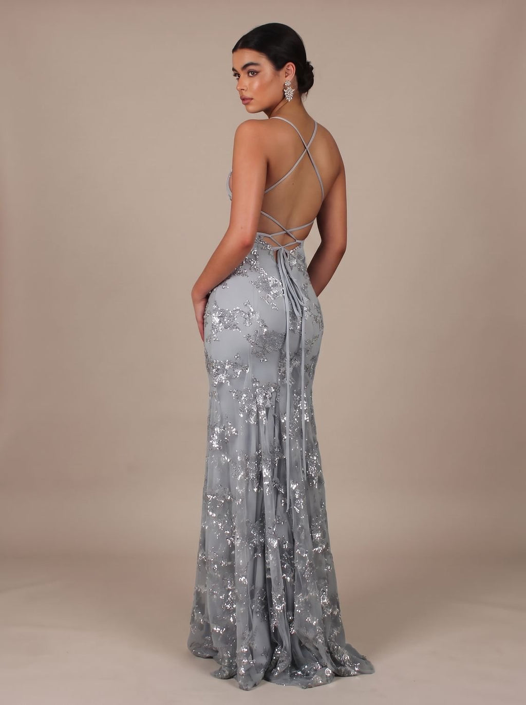 Abendkleid Damen dunkelblau figurbetont mit V-Ausschnitt und Spaghettiträgern - 4 - Atelier-Zofia