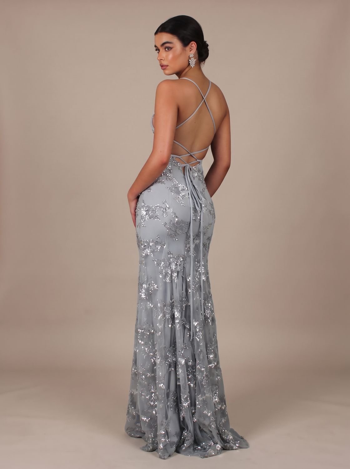 Abendkleid Damen dunkelblau figurbetont mit V-Ausschnitt und Spaghettiträgern - 4 - Atelier-Zofia