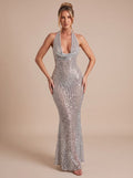 Maxikleid Damen silber figurbetont mit Halterneck - 2 - Atelier-Zofia