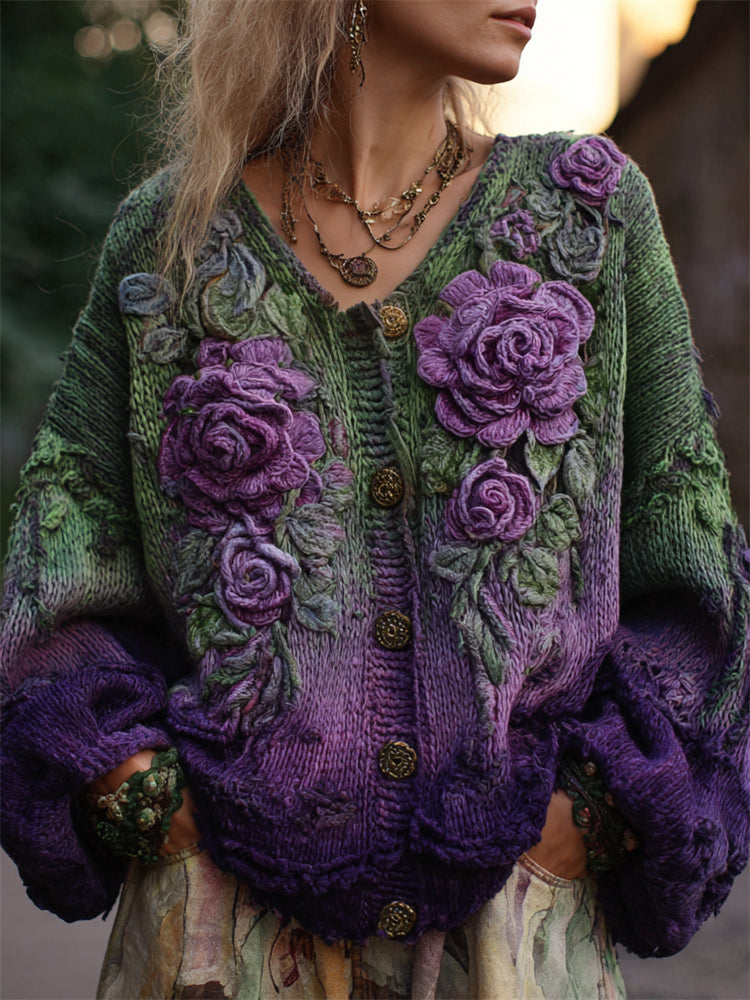 Cardigan Damen lila- grün figurbetont mit V-Ausschnitt und Blumenmuster - 1 - Atelier-Zofia