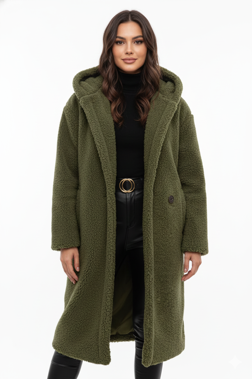 Mantel Damen schwarz oversize mit Kapuze und Teddy-Design - 1 - Atelier-Zofia