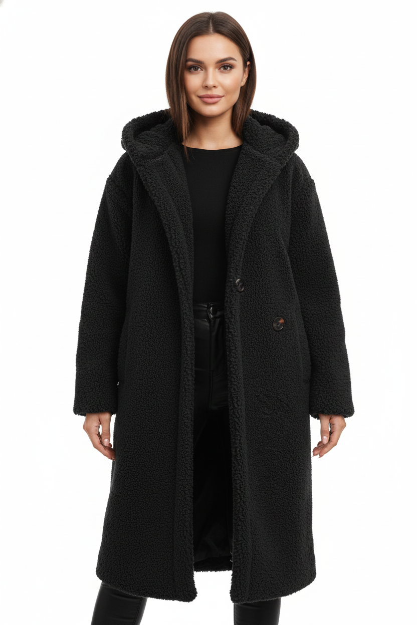 Mantel Damen schwarz oversize mit Kapuze und Teddy-Design - 2 - Atelier-Zofia