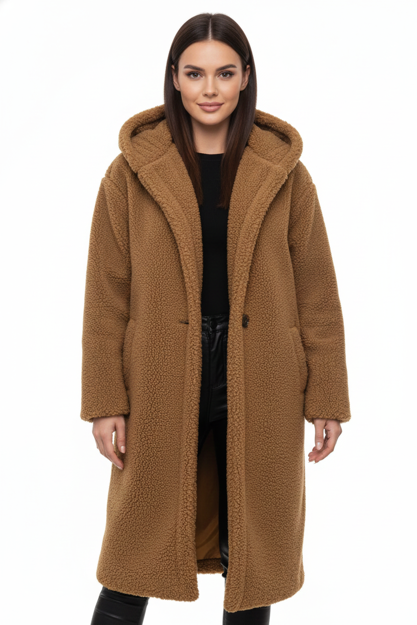 Mantel Damen schwarz oversize mit Kapuze und Teddy-Design - 3 - Atelier-Zofia