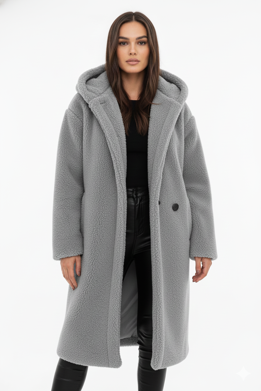 Mantel Damen schwarz oversize mit Kapuze und Teddy-Design - 5 - Atelier-Zofia
