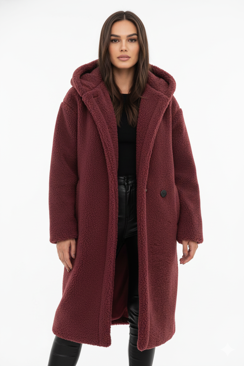 Mantel Damen schwarz oversize mit Kapuze und Teddy-Design - 6 - Atelier-Zofia
