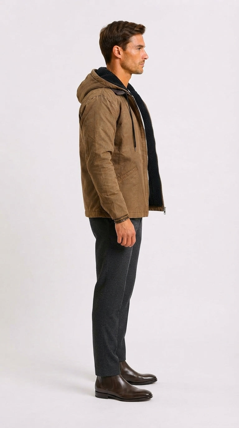 Jacke Herren braun tailliert mit Kapuze und praktischen Taschen - 2 - Atelier-Zofia