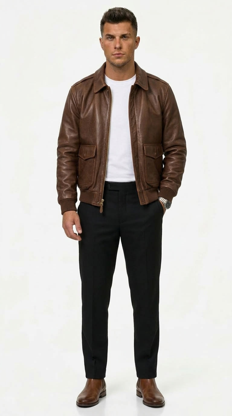 Lederjacke Herren braun tailliert mit praktischen Taschen - 1 - Atelier-Zofia