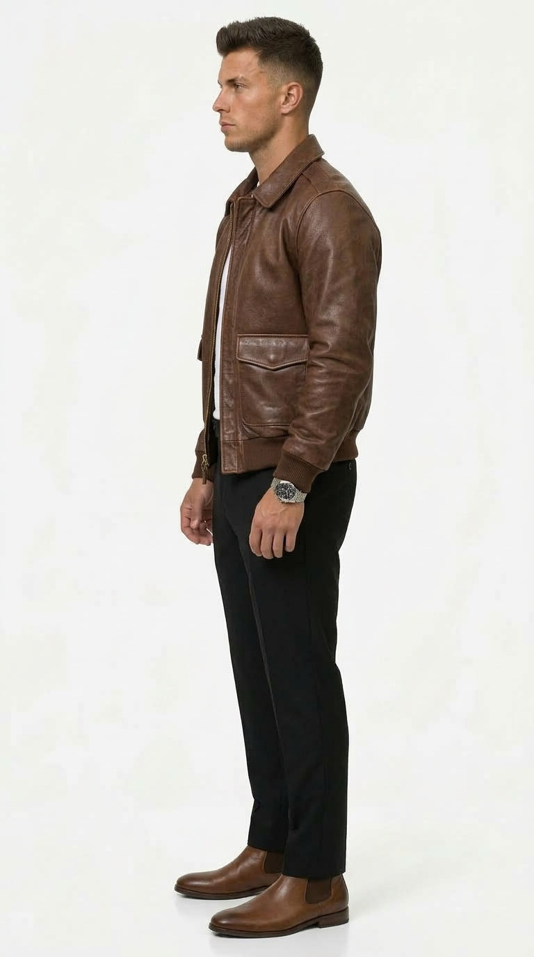 Lederjacke Herren braun tailliert mit praktischen Taschen - 3 - Atelier-Zofia