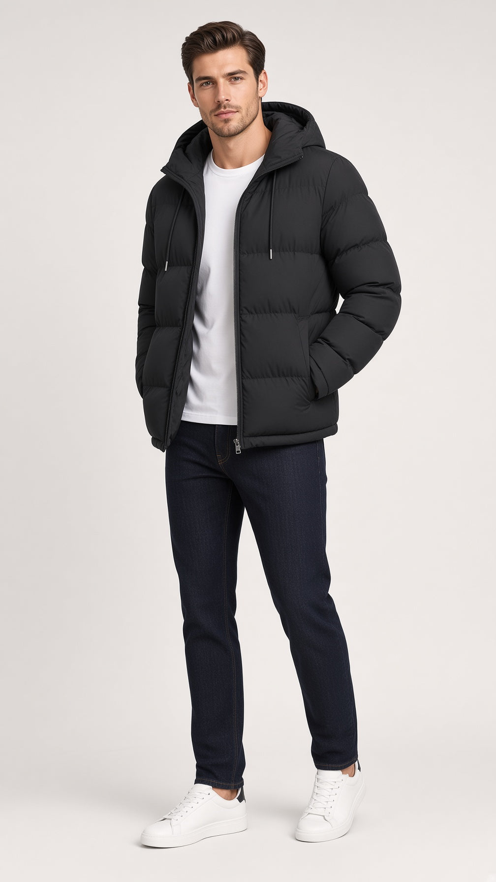 Winterjacke Herren schwarz mit Kapuze und tailliertem Schnitt - 1 - Atelier-Zofia