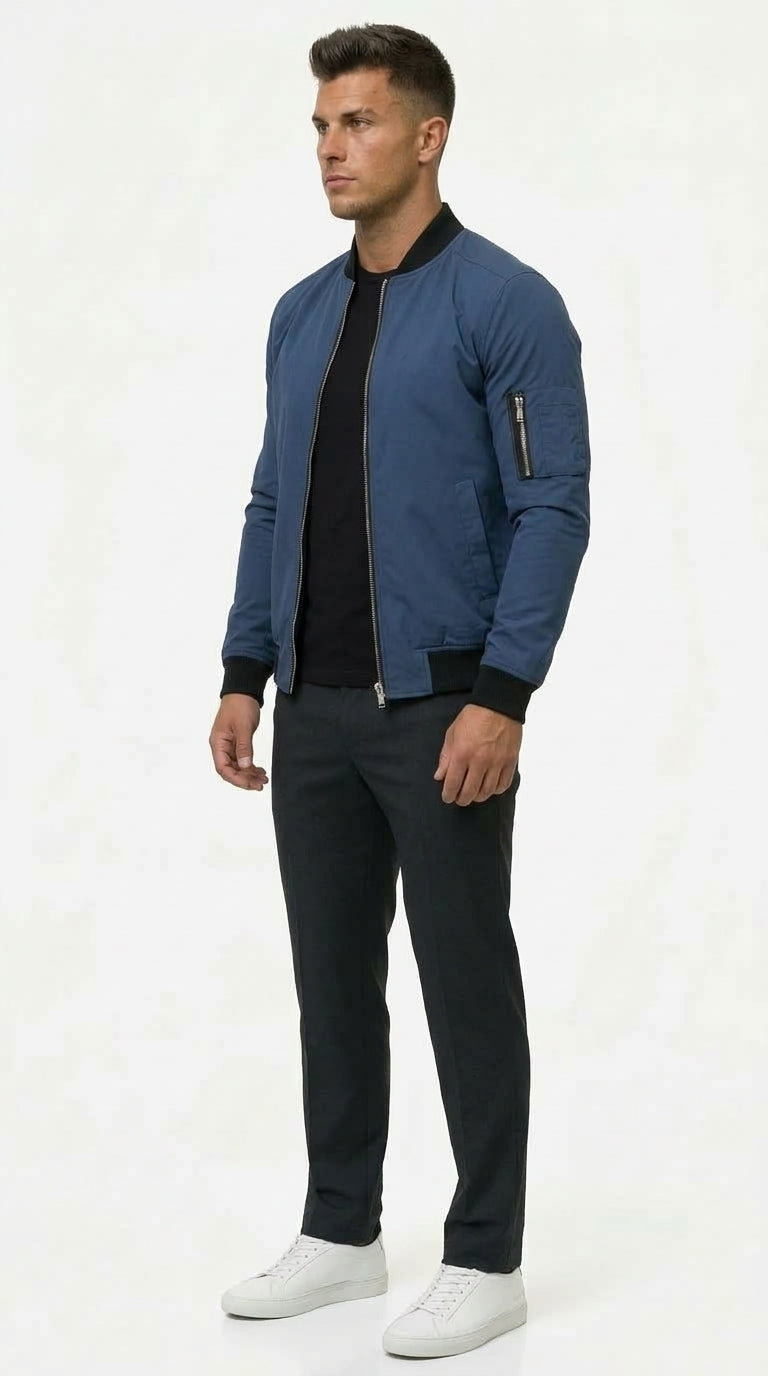 Bomberjacke Herren blau schlank mit praktischer Ärmeltasche - 2 - Atelier-Zofia