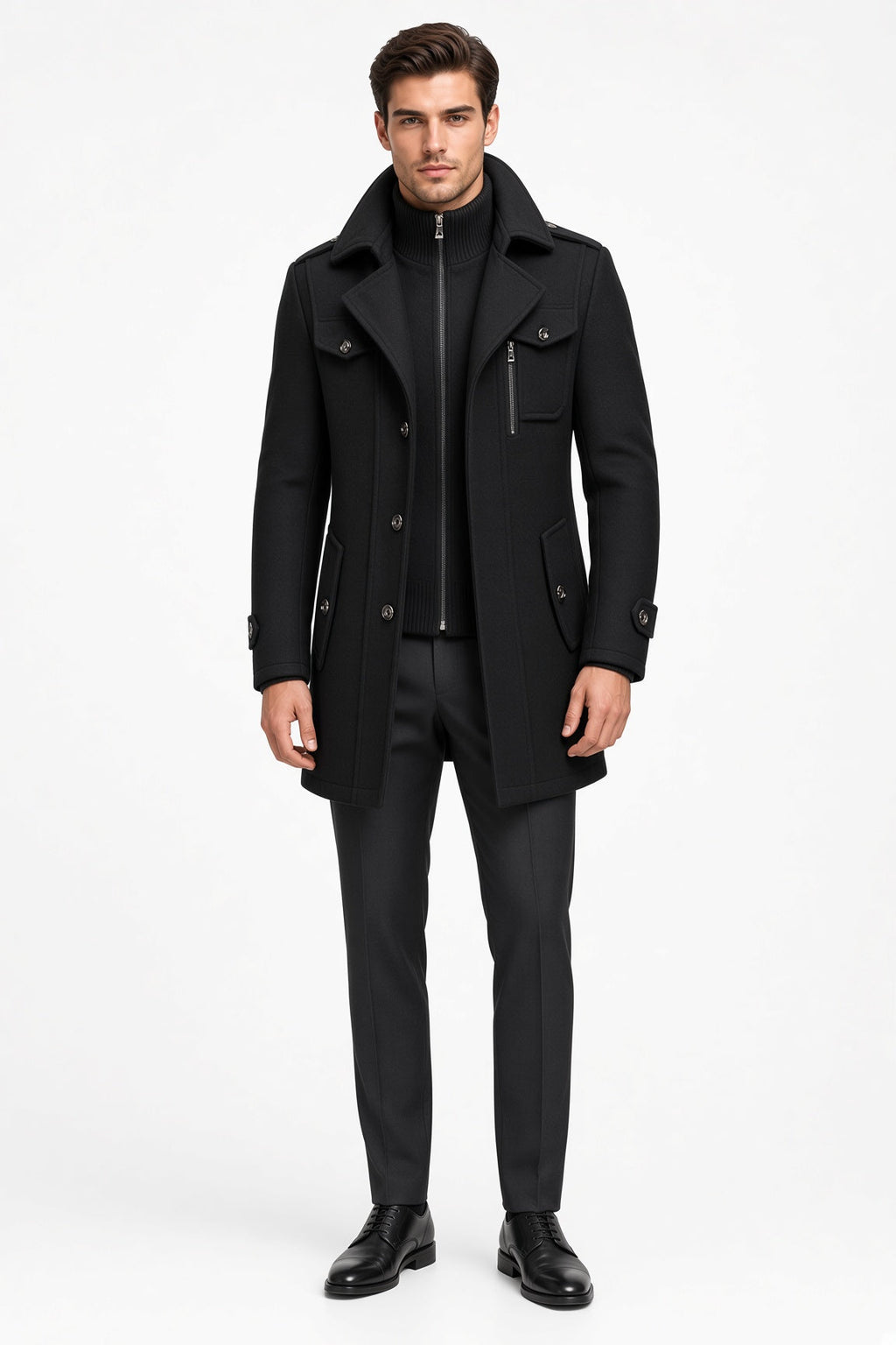 Jacket Men schwarz tailliert mit hohem Kragen und praktischen Taschen - 1 - Atelier-Zofia